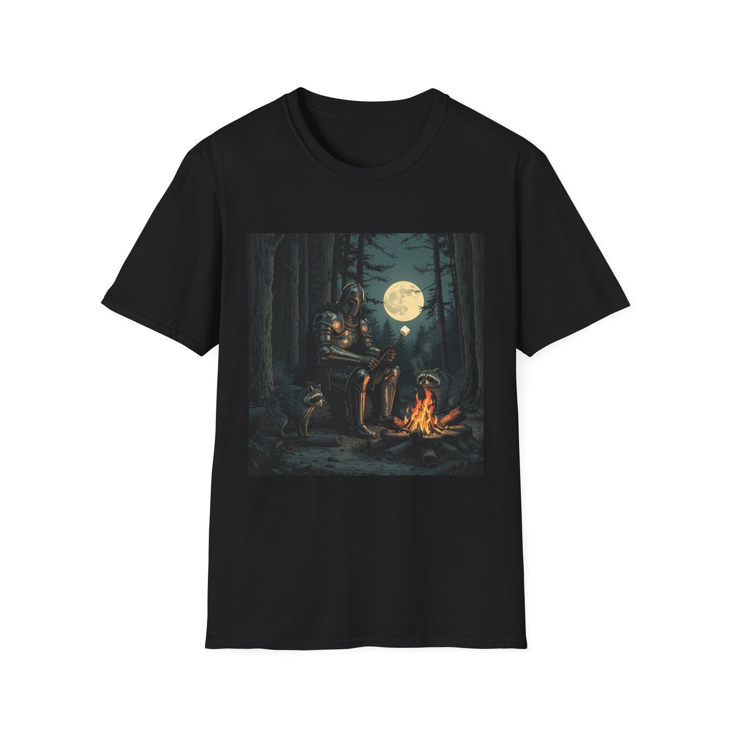 Vintage Comic Cover Knight And Racoon Moonlit Campfire Unisex T-Shirt